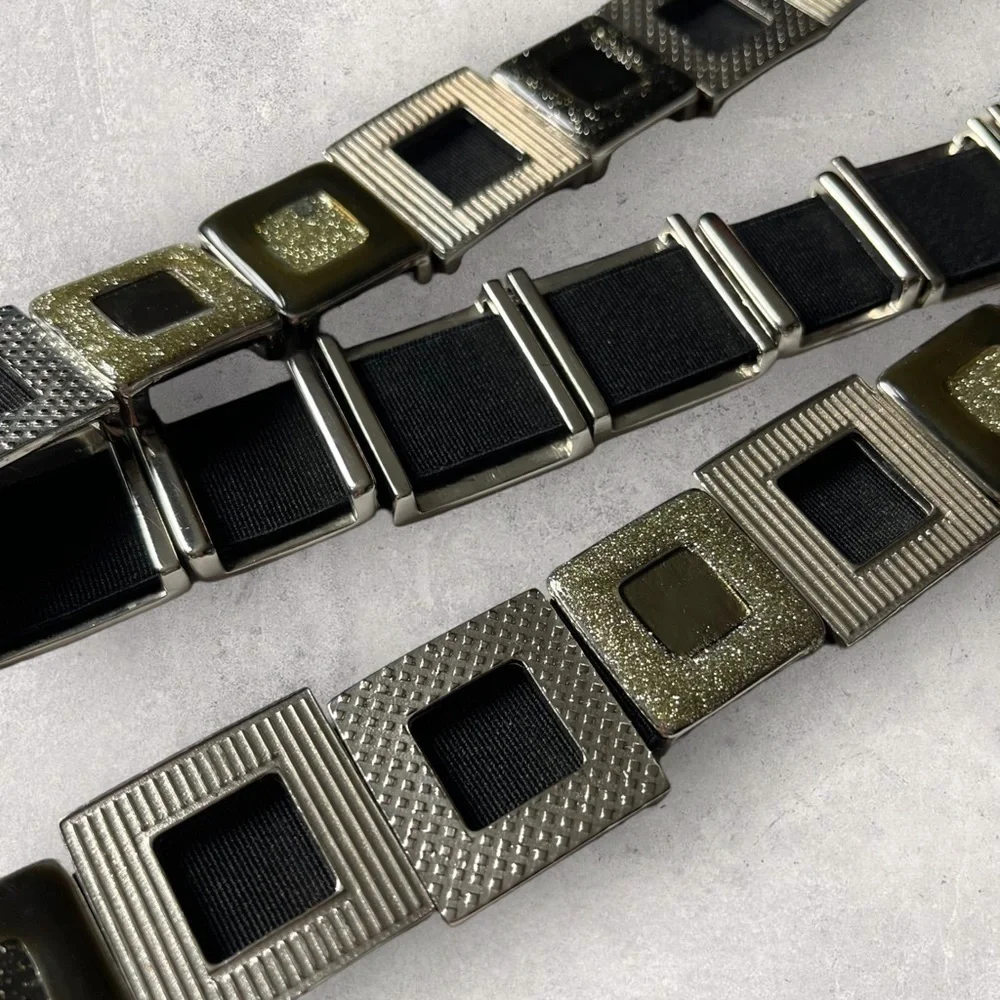 Y2K Metal Geometric Links Belt Carabiner O ring Buckle Stretchy Glitter Silver M